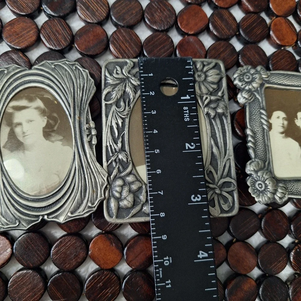 Victorian Ornate Miniature Pewter Style Picture Frame Set of 3 Easel Back Vanity